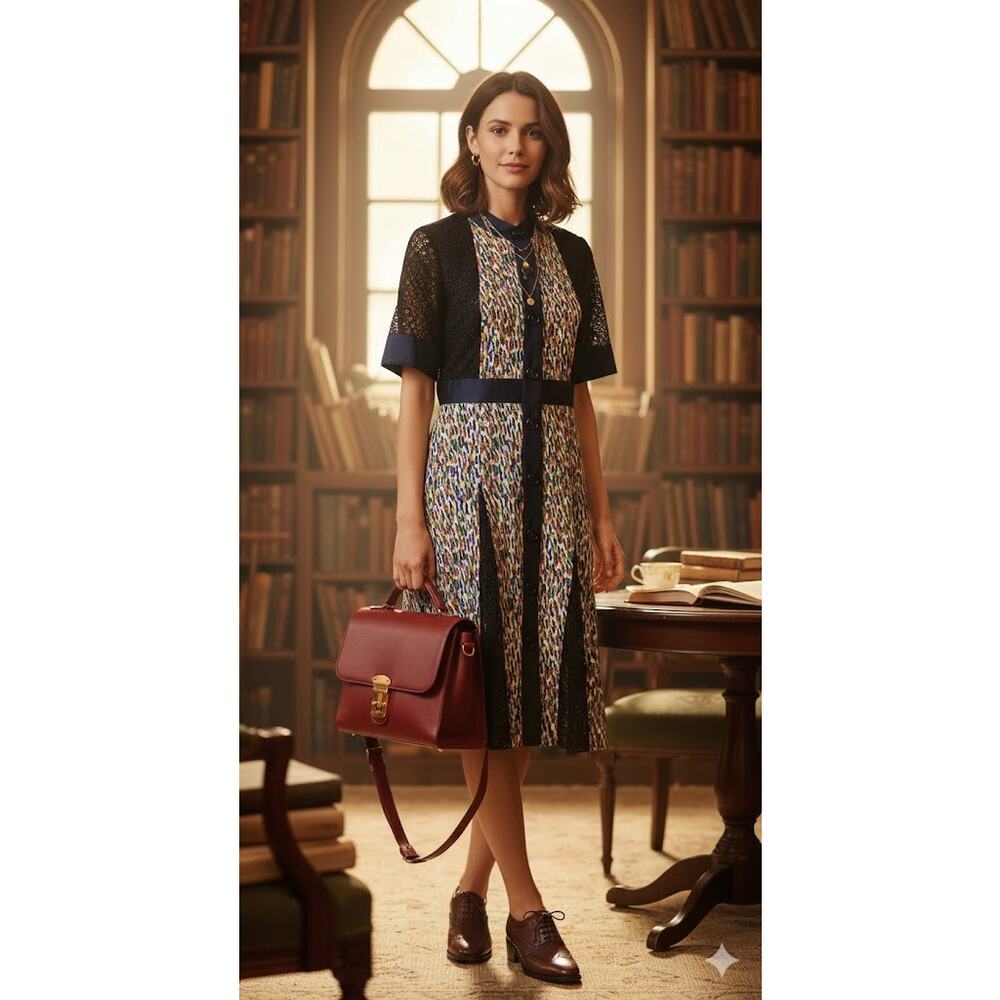 Anthropologie Style Mixed Media Midi Dress Abstract Print & Lace Sleeves S/M